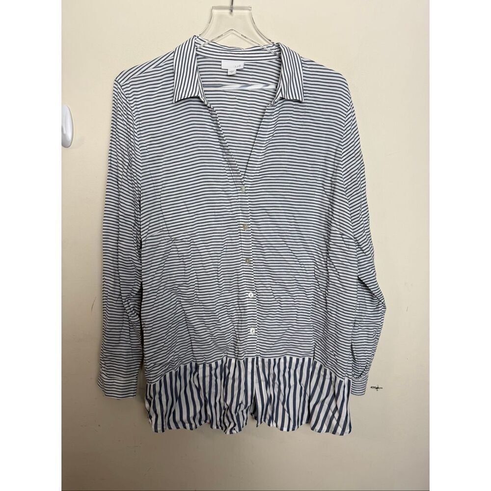 J.Jill Navy White Striped Rayon Peplum Tunic Top XL Button Front Casual Classic